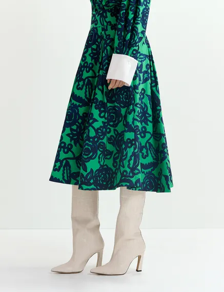 Green and dark blue floral-print pleated midi skirt