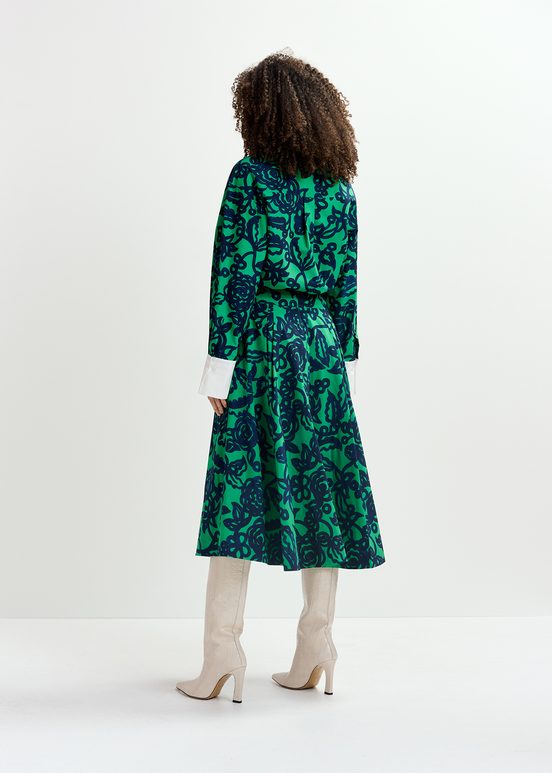 Green and dark blue floral-print pleated midi skirt