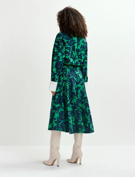 Green and dark blue floral-print pleated midi skirt