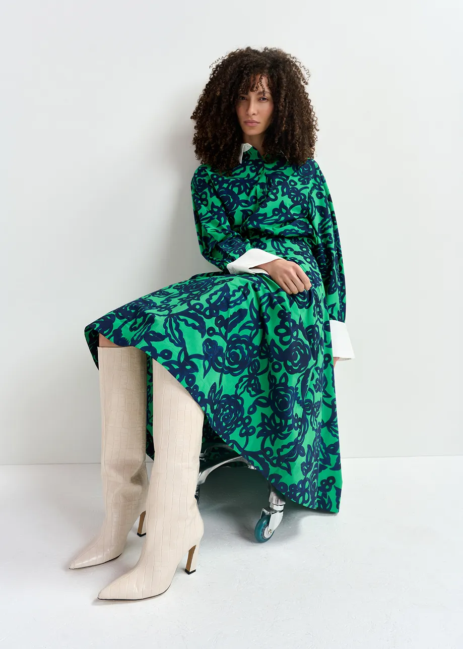 Groene en donkerblauwe midi-plissérok met bloemprint