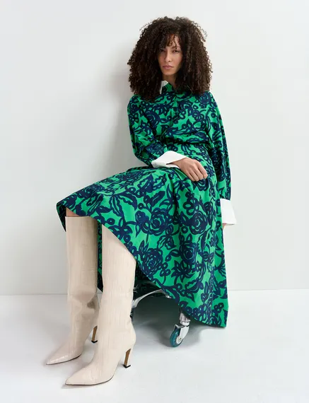 Groene en donkerblauwe midi-plissérok met bloemprint