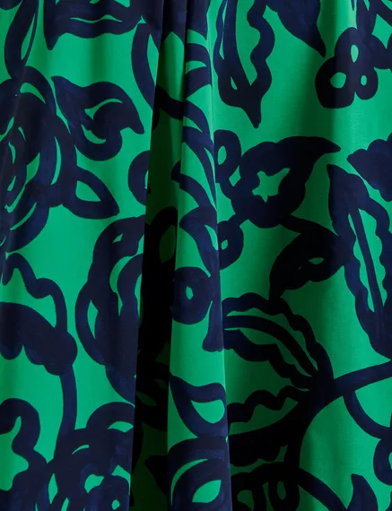 Groene en donkerblauwe midi-plissérok met bloemprint