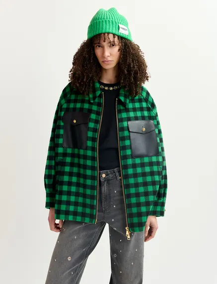 Green and navy blue checked wool jacket