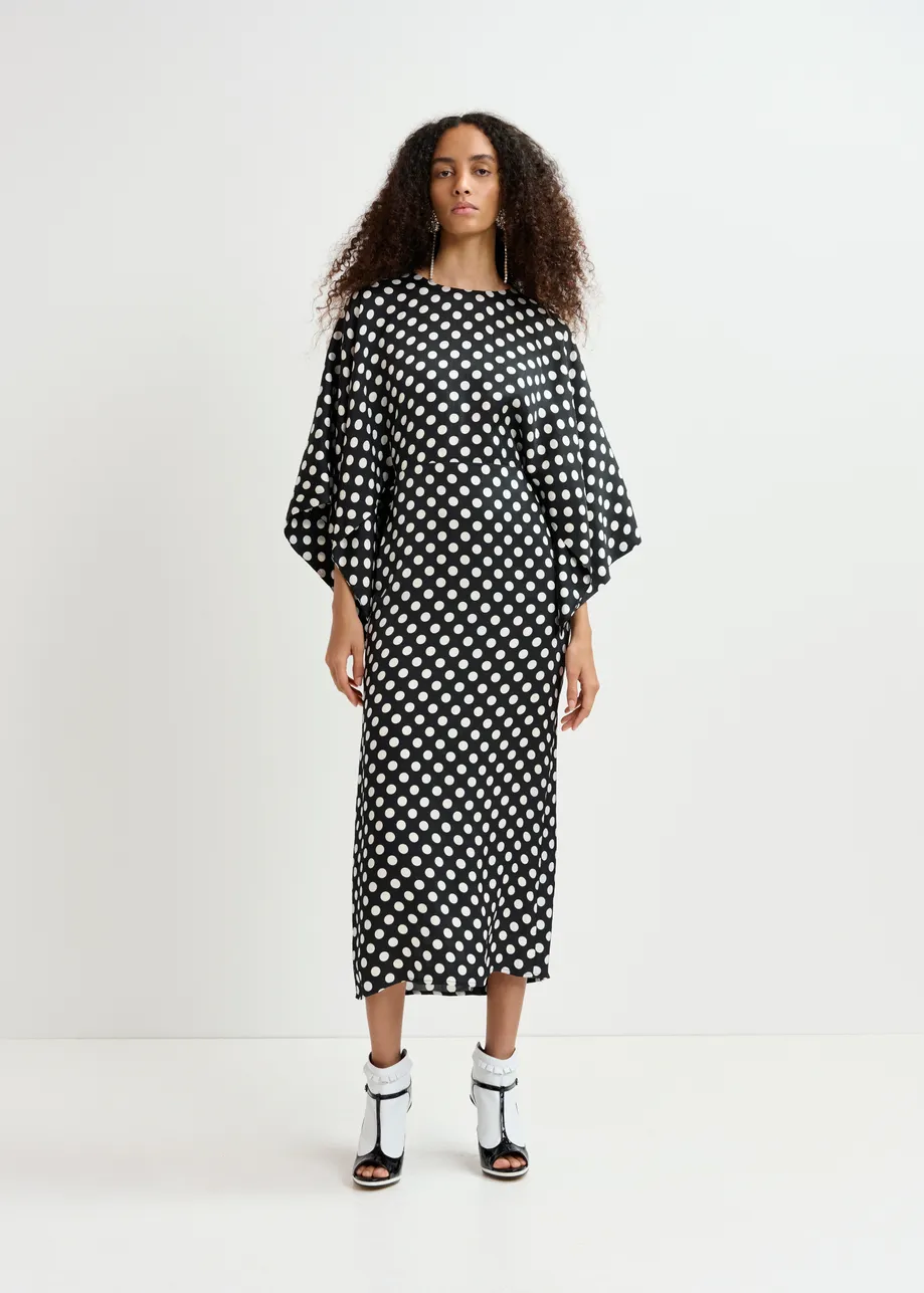 Black and white polka-dot midi dress with kimono sleeves