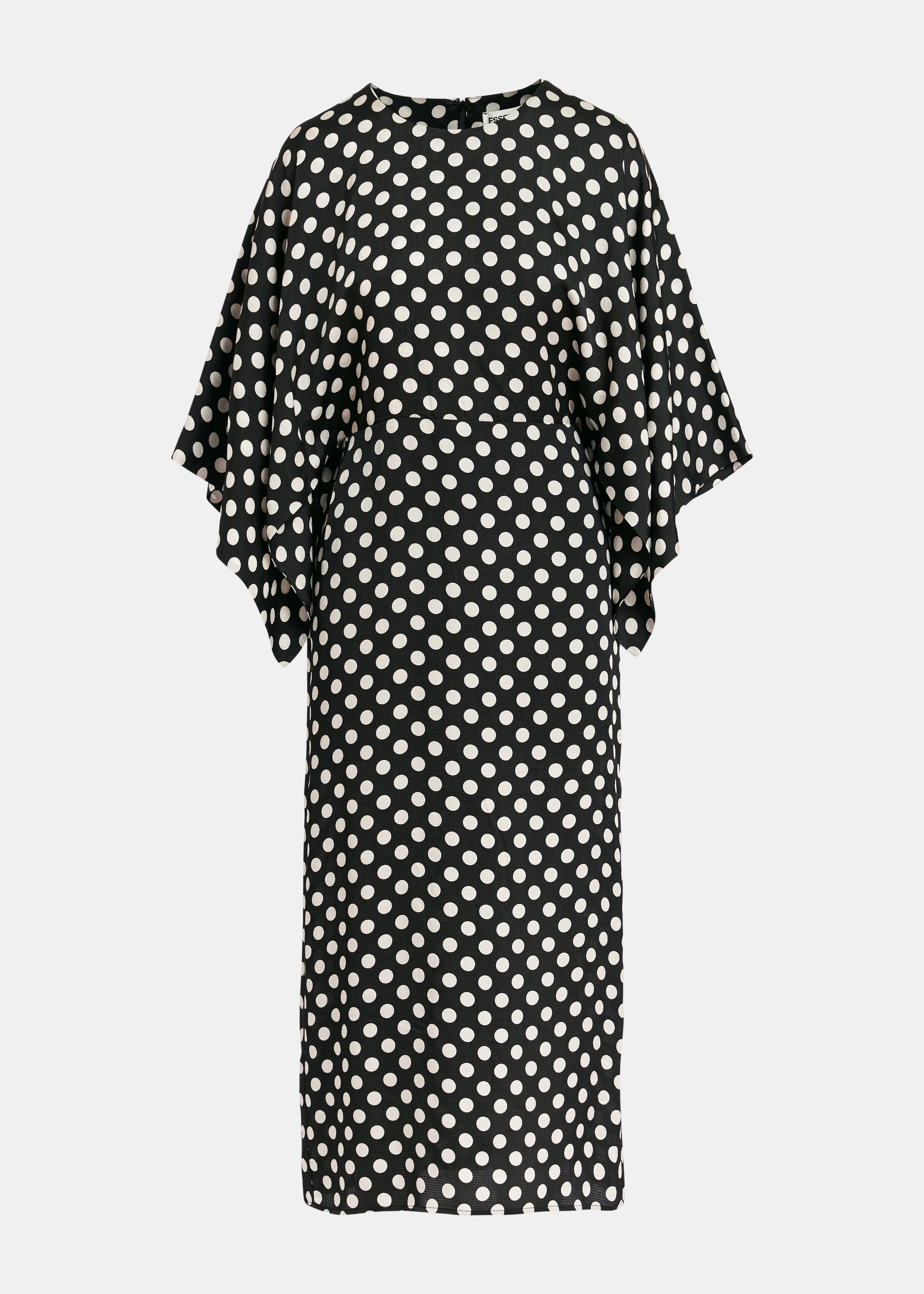 Black and white polka-dot midi dress with kimono sleeves