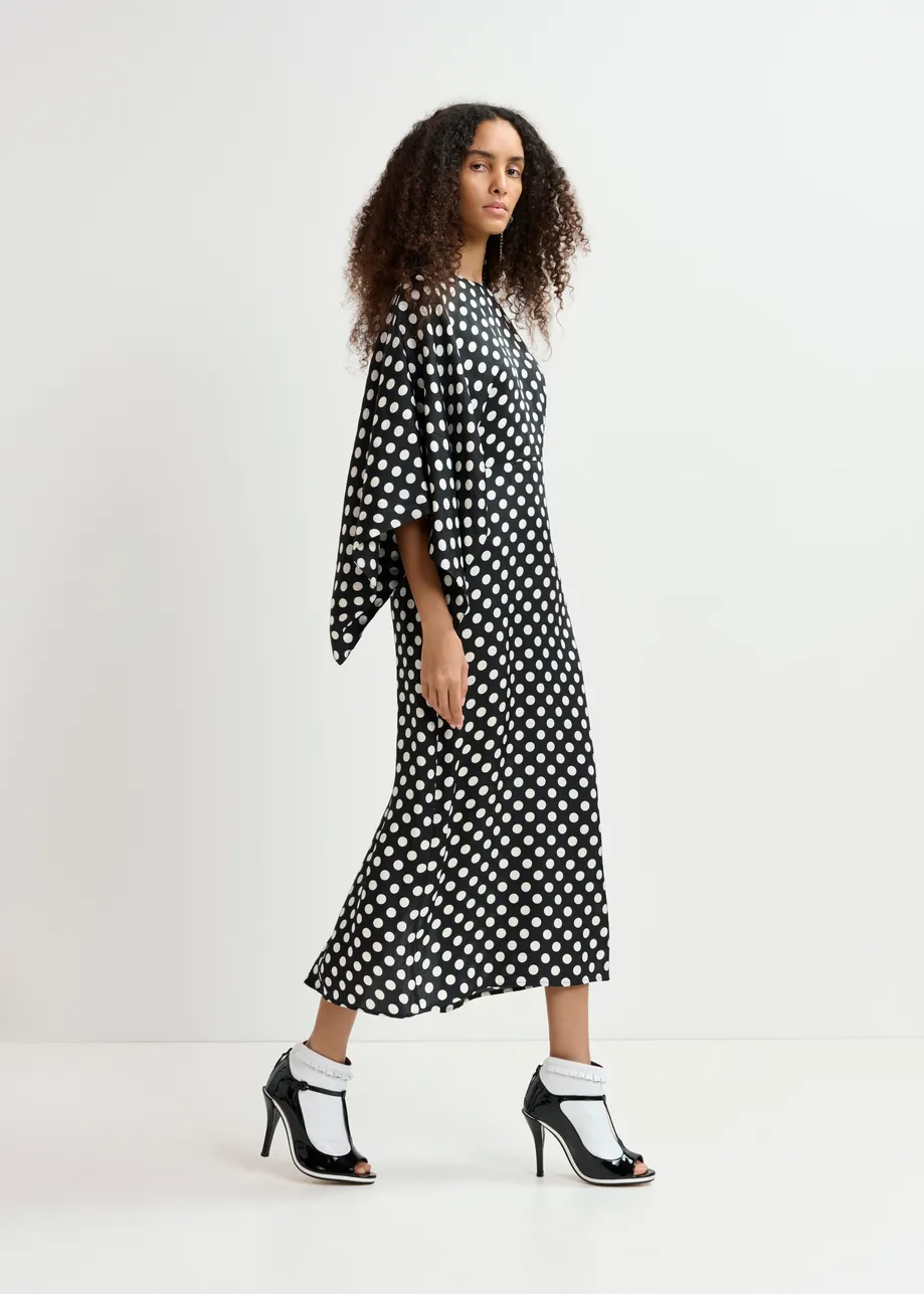 Black and white polka-dot midi dress with kimono sleeves