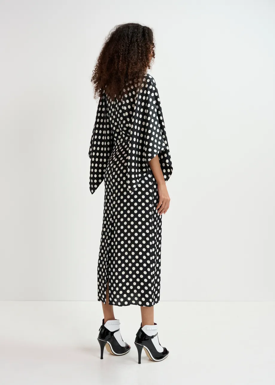 Black and white polka-dot midi dress with kimono sleeves