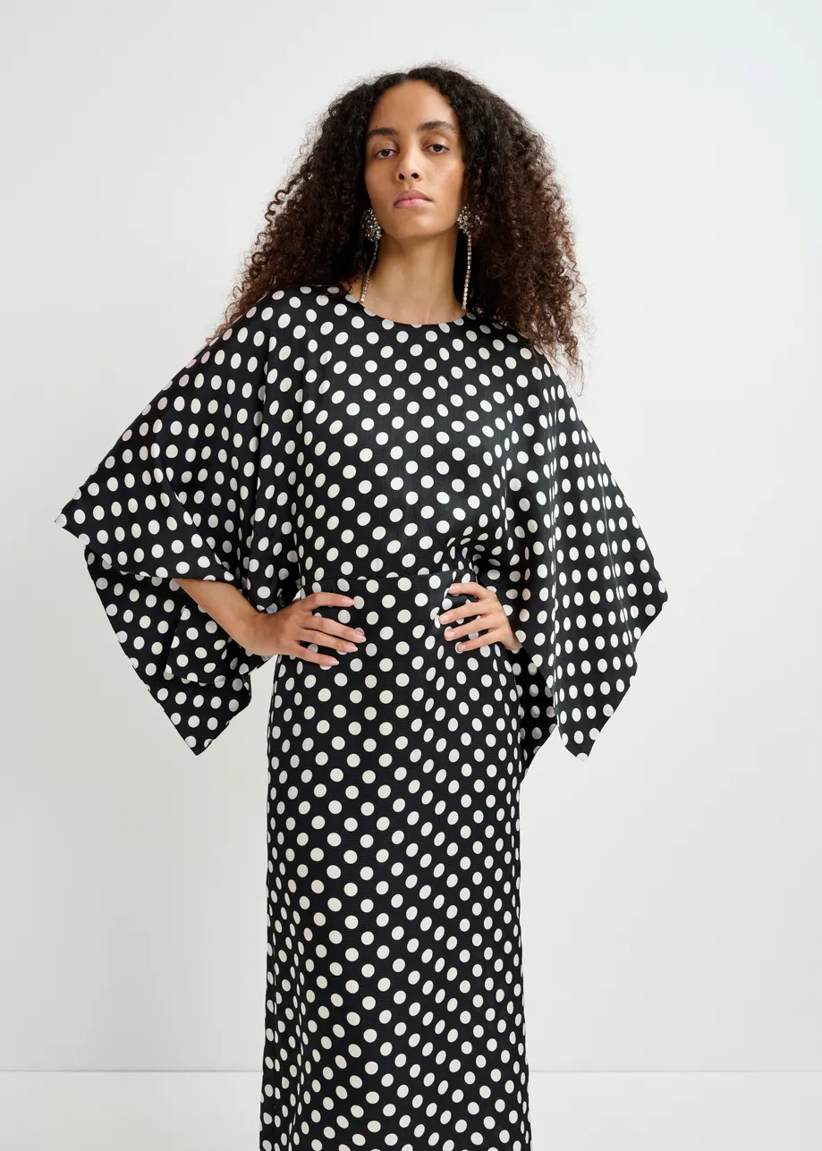 Black and white polka-dot midi dress with kimono sleeves