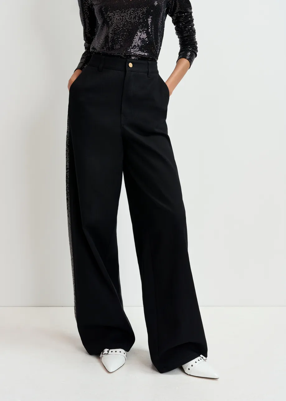 Black cotton pants with sequin-embellished stripes - 25 year exclusive