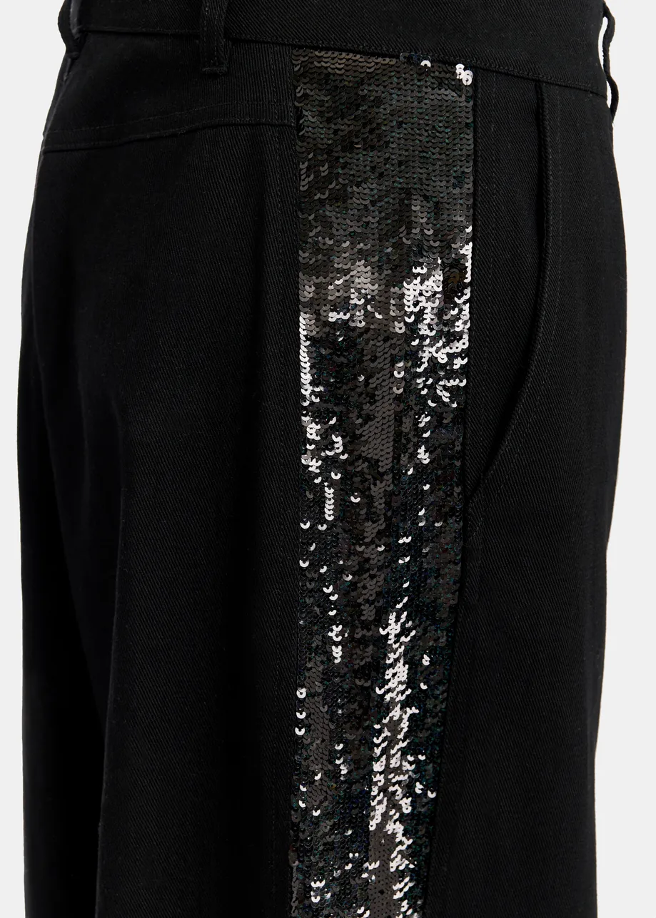 Black cotton pants with sequin-embellished stripes - 25 year exclusive