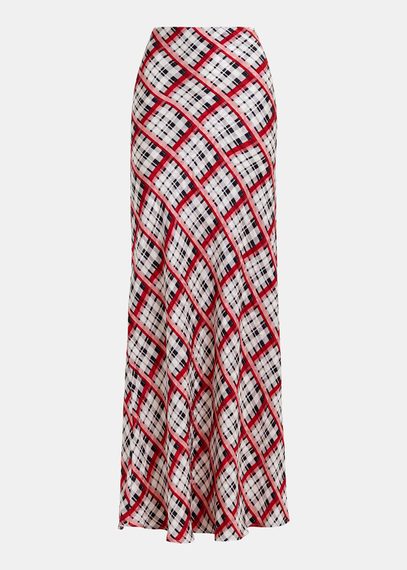 White, black and red checked satin maxi-length skirt