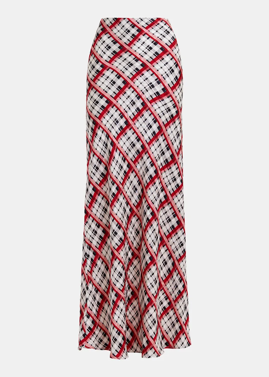 White, black and red checked satin maxi-length skirt