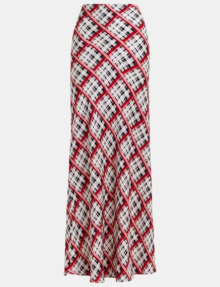 White, black and red checked satin maxi-length skirt