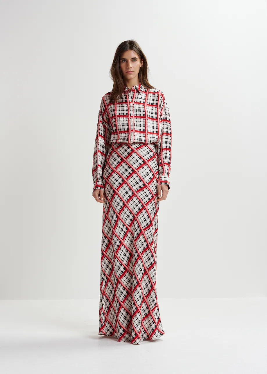 White, black and red checked satin maxi-length skirt