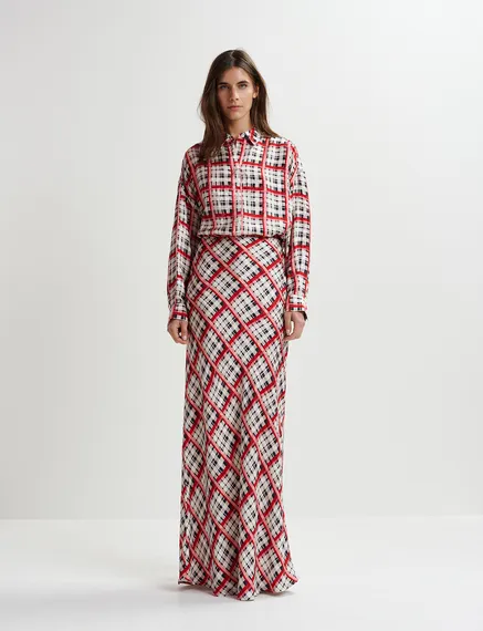 White, black and red checked satin maxi-length skirt