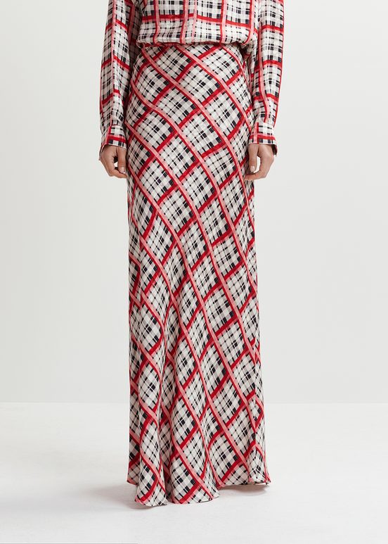 White, black and red checked satin maxi-length skirt