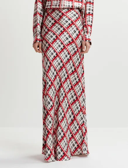 White, black and red checked satin maxi-length skirt