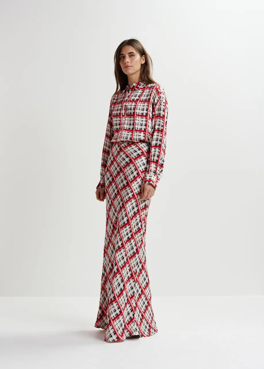 White, black and red checked satin maxi-length skirt