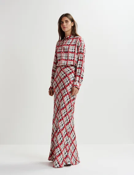 White, black and red checked satin maxi-length skirt