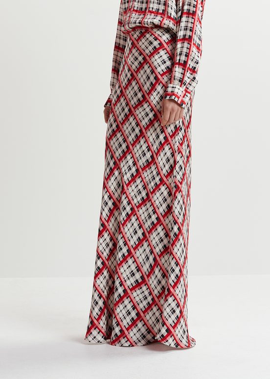 White, black and red checked satin maxi-length skirt