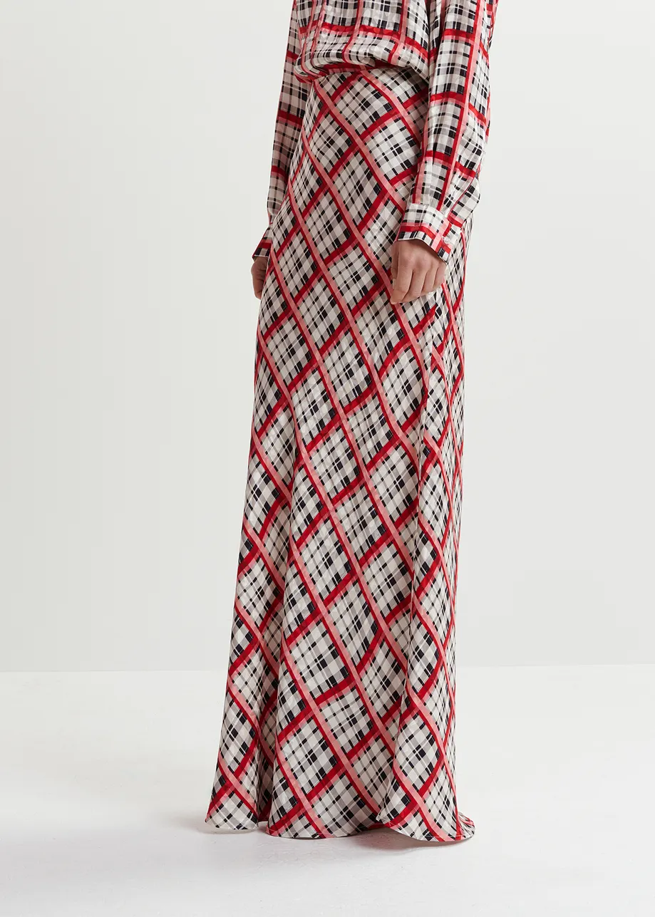 White, black and red checked satin maxi-length skirt