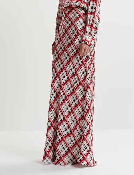 White, black and red checked satin maxi-length skirt