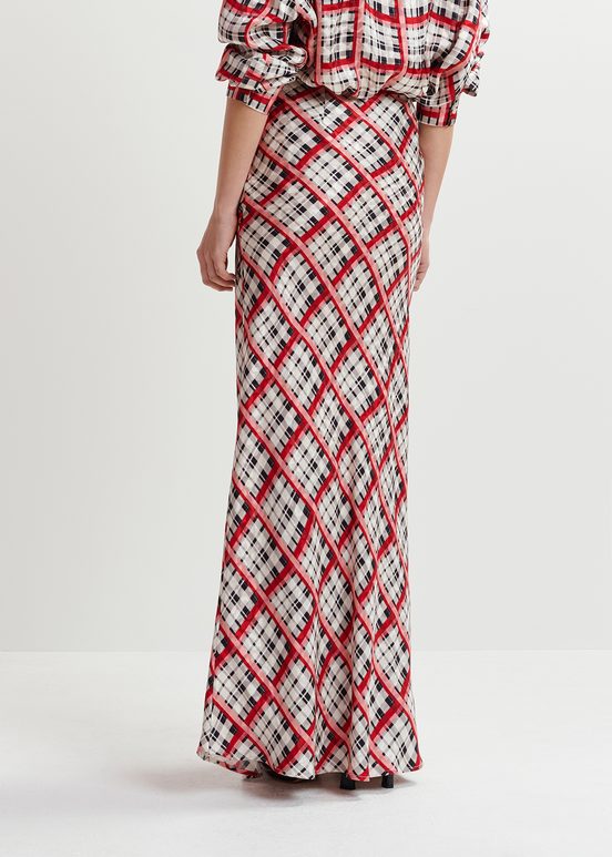 White, black and red checked satin maxi-length skirt