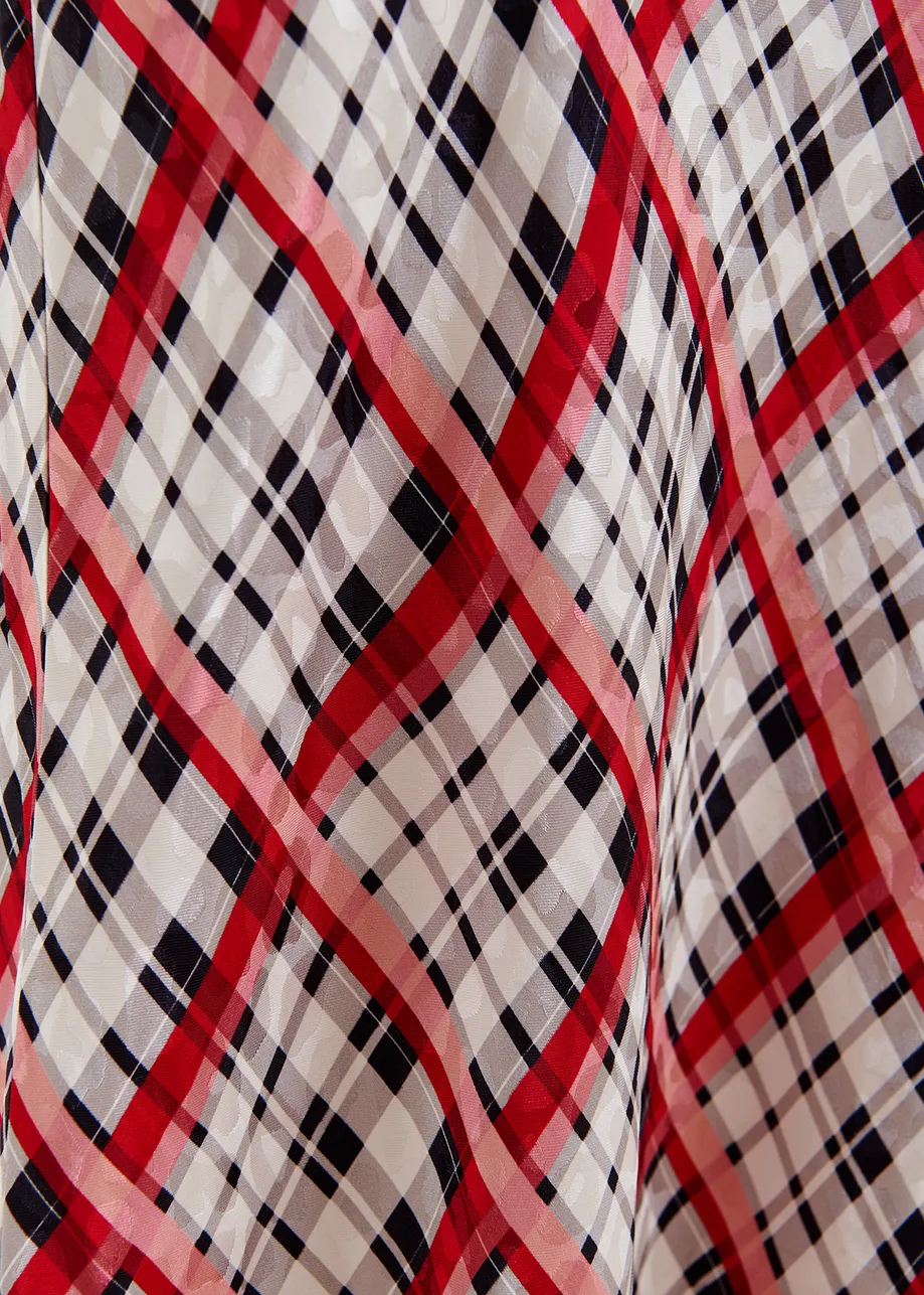 White, black and red checked satin maxi-length skirt