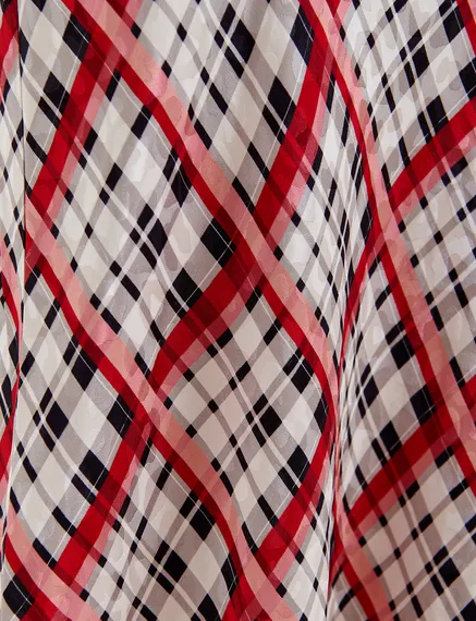 White, black and red checked satin maxi-length skirt