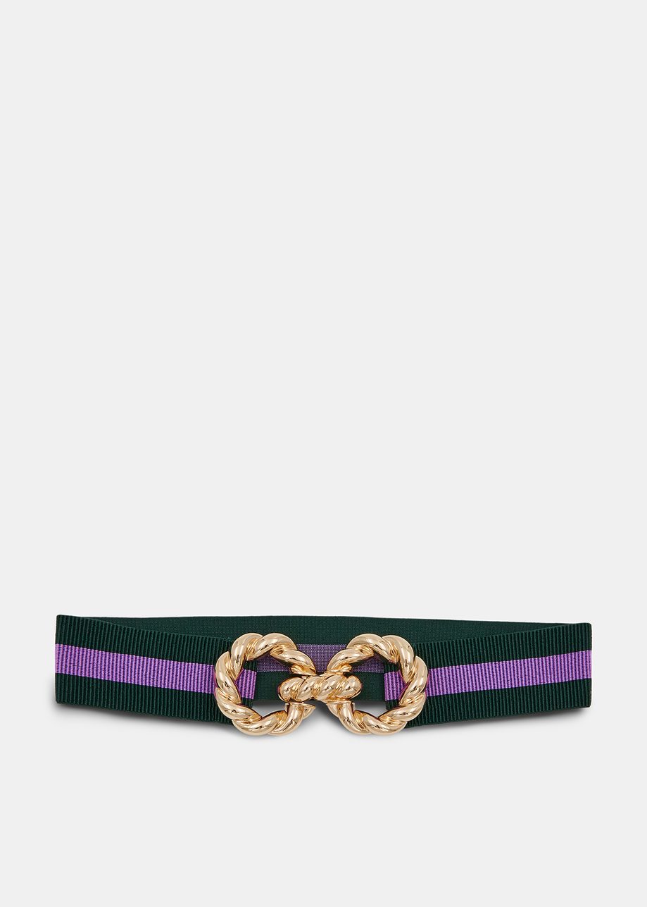 Dark green and purple striped belt with gold-tone buckle