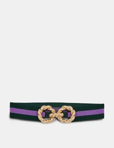 Dark green and purple striped belt with gold-tone buckle