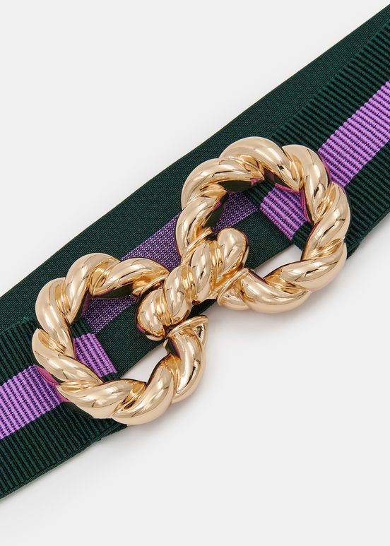 Dark green and purple striped belt with gold-tone buckle