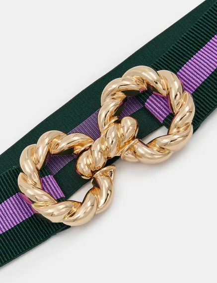 Dark green and purple striped belt with gold-tone buckle