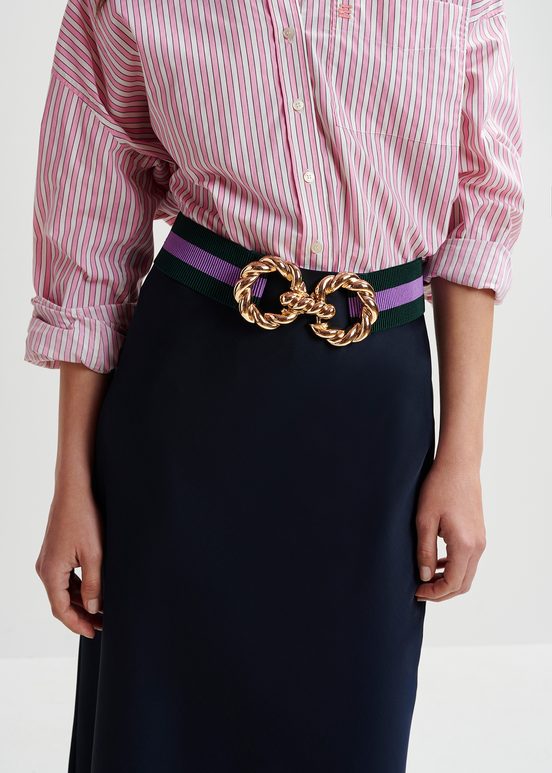 Dark green and purple striped belt with gold-tone buckle