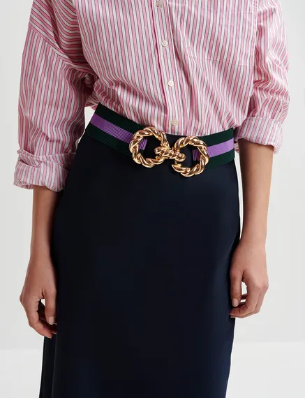 Dark green and purple striped belt with gold-tone buckle