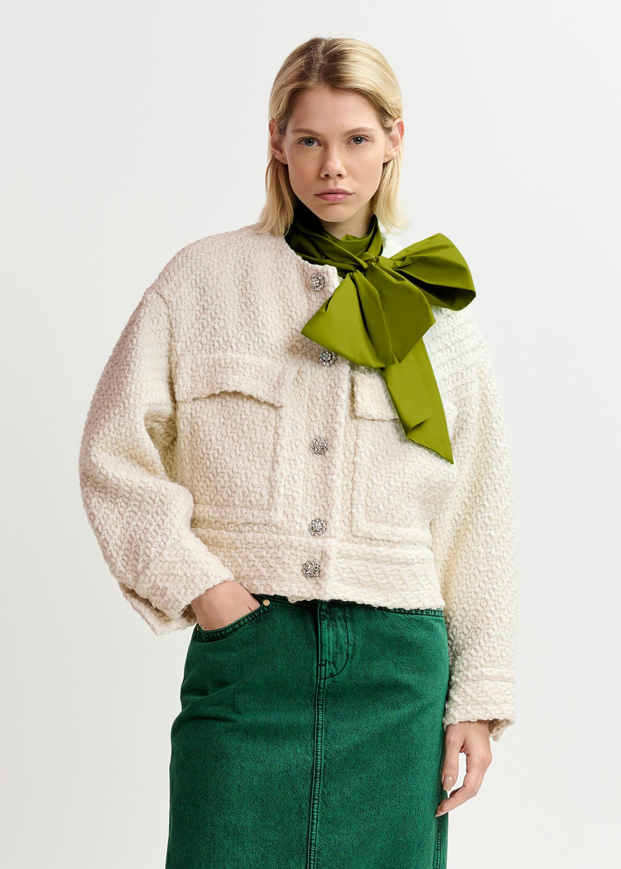 Ecru wool-blend tweed jacket | Essentiel Antwerp United States