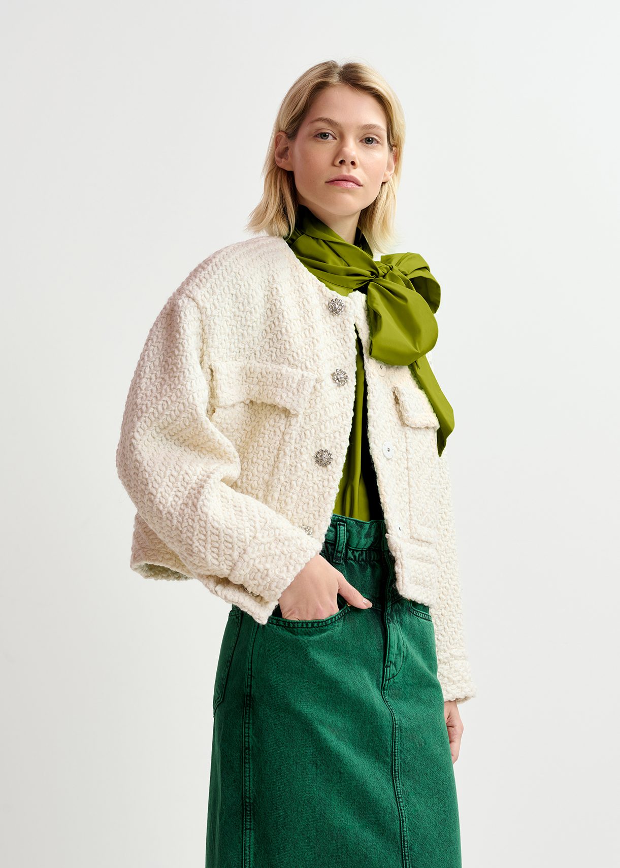 Ecru wool-blend tweed jacket | Essentiel Antwerp United States