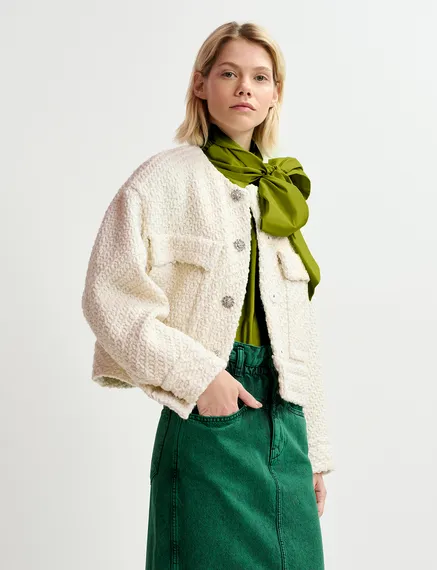 Chaqueta de tweed en mezcla de lana, crudo