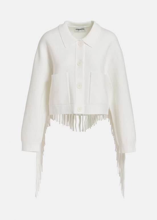 Veste tricotée blanc cassé avec franges