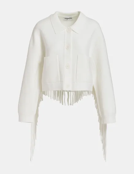 Veste tricotée blanc cassé avec franges