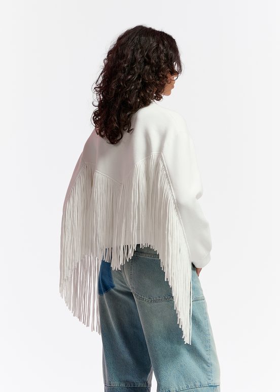 Veste tricotée blanc cassé avec franges