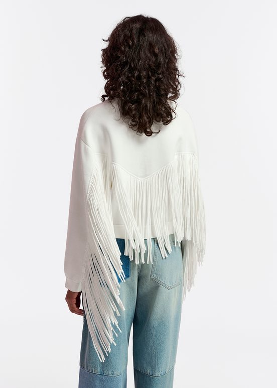 Veste tricotée blanc cassé avec franges