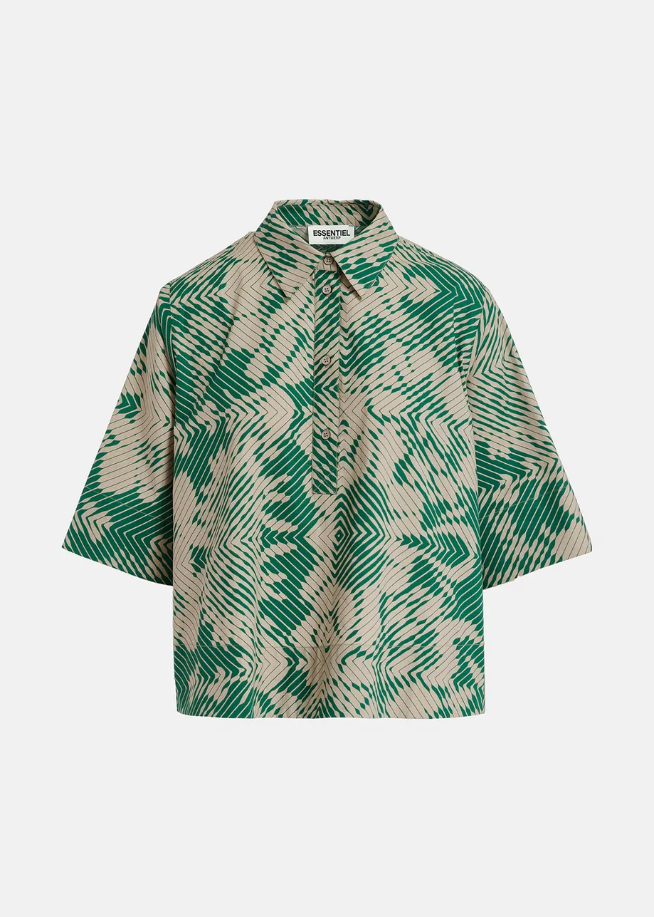 Beige and dark green button-down shirt with geometric print