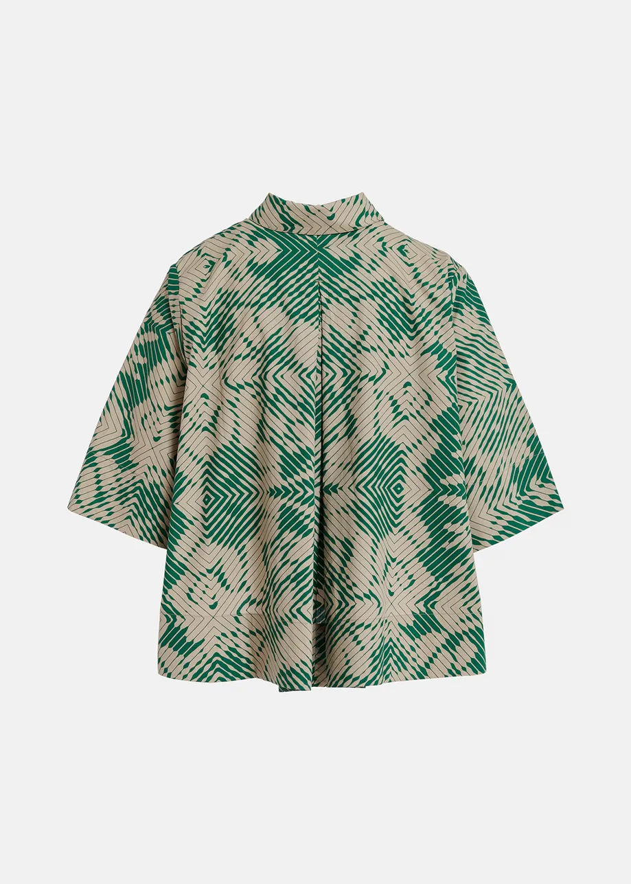 Camisa abotonada con estampado geométrico, beis y verde oscuro