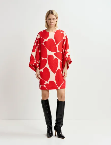 Off-white and red mini dress with wide sleeves