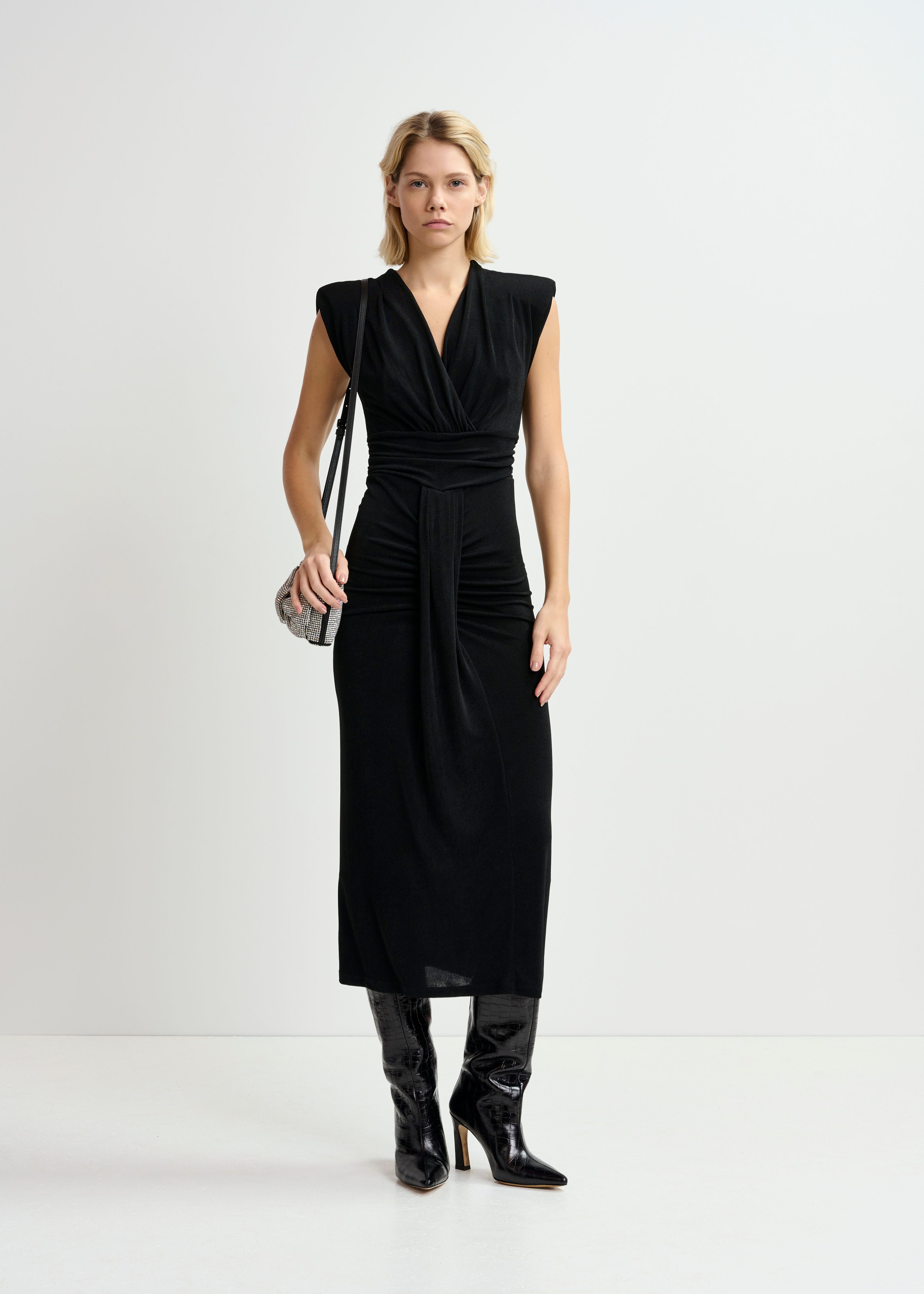 Black stretch jersey ruched midi length dress 25 year exclusive Essentiel Antwerp Europe