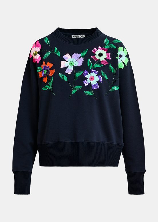 Marineblauwe biokatoenen sweater met borduurwerk