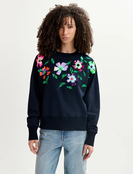 Navy blue organic cotton sweatshirt with sequin and beaded embroideries