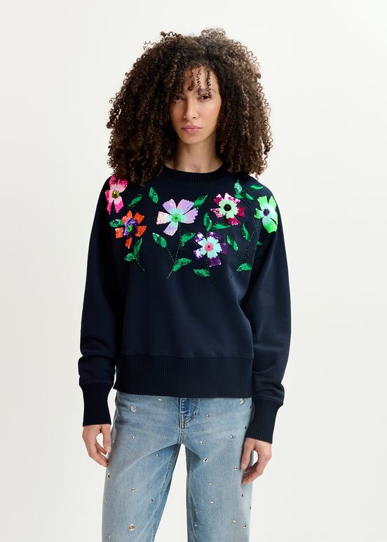 Navy blue organic cotton sweatshirt with sequin and beaded embroideries