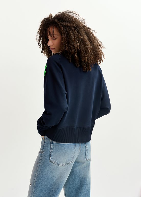 Navy blue organic cotton sweatshirt with sequin and beaded embroideries